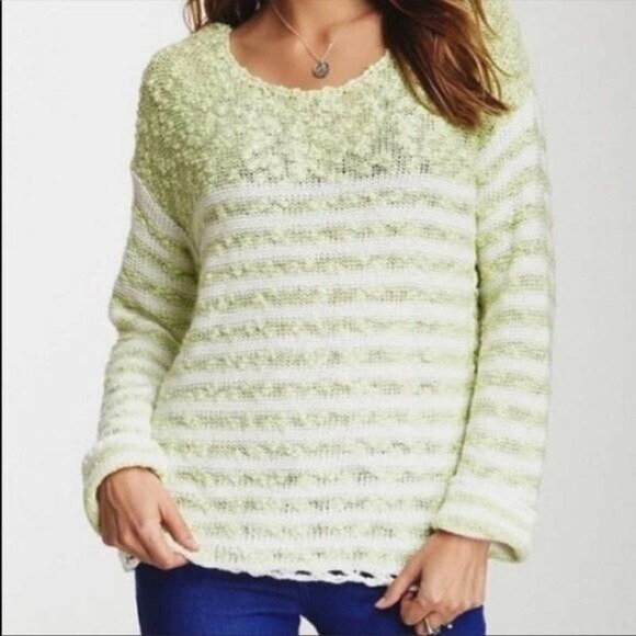 Free‎ People Womens Sweater Size XS Green/White Stripe Popcorn Textured Pullover - Picture 1 of 12